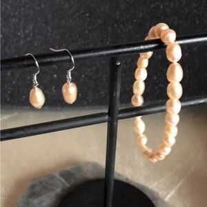 Freshwater Peach Pearl Bracelet and Earrings set 925 silver